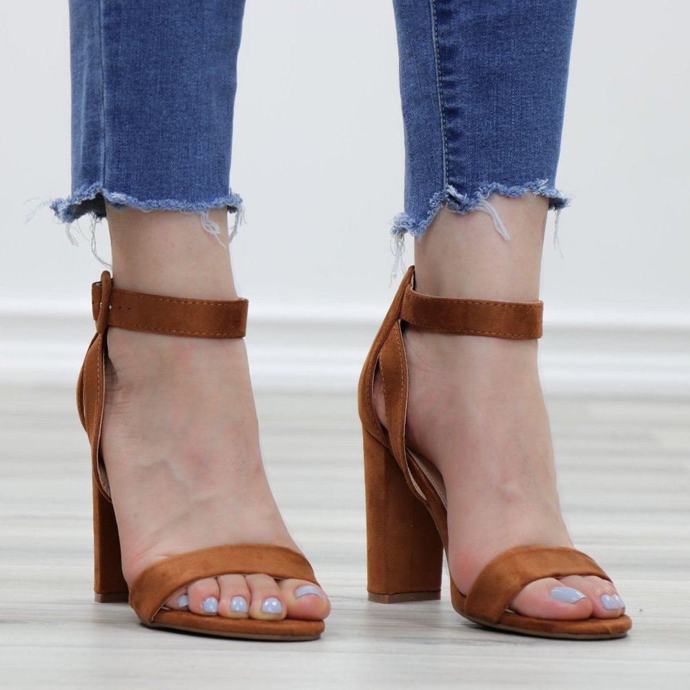 Faux Suede Open Toe Block High Heel Sandals - Picture 2 of 12